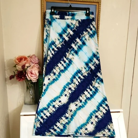 Tye Dye White Blue A-Line Maxi Skirt Beach Vacation Cruise Summer Brunch Medium - Picture 1 of 8